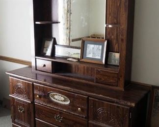 Five Drawer Dresser With Hutch Style Top And Side Storage, 79" x 62" x 16"