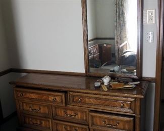 8 Drawer Dresser With Side Mirror, 78" x 66" x 18"; With Matching Nightstand, 22.5" x 27.5" x 15"