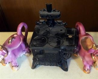 Cast Iron Miniature Stove And Ceramic Creamer And Sugar