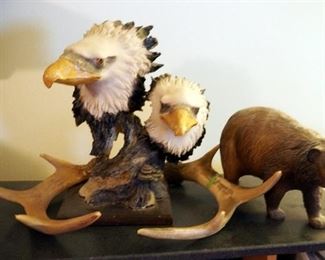 Ceramic Bald Eagle Statue, Grizzly Bear, And Faux Antlers