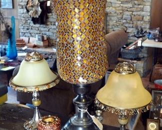 Matching Decorative Tea Light Lamps With Glass Shades, Trinket Box, And Mosaic Glass Hurricane Style Candleholder