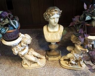 17" Cast Roman Bust And Matching Cherub Planters