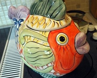 Painted Ceramic Fish Cookie Jar, 10" x 12"
