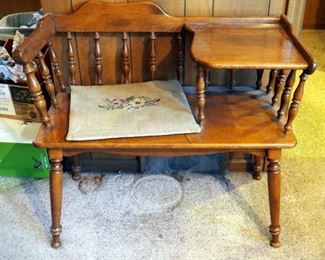 Solid Wood Early American Telephone Bench, 28" x 34" x 17", Includes Needlepoint Cushion