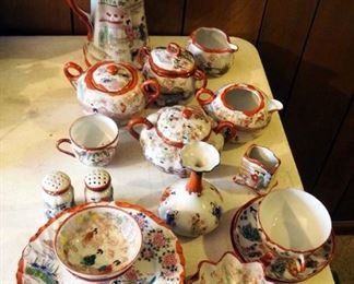 Antique Handpainted Japanese China Set, 25 Pieces, Including Teapot, Creamer, Sugar, Saucers, Cups, And More