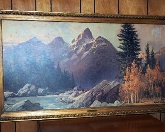 Framed Robert Wood Print Of The Grand Tetons, 51" x 28"; And Handpainted Oceanfront At Night, 24" x 18"