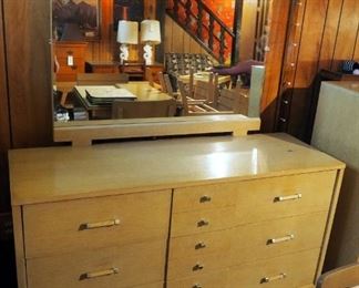 Mid Century Modern 6 Drawer Dresser With Beveled Glass Mirror, 65" x 54" x 18"