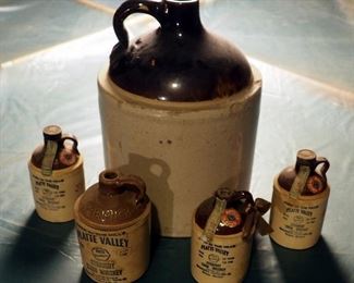 Stoneware Crock Assortment, Including 2 Gallon Crock And McCormick Platte Valley Half Pint Crock Bottles, Qty 5 Total