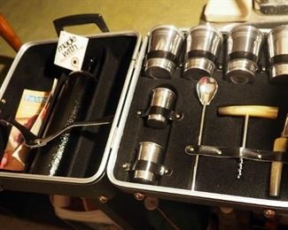 Vintage Travel Bar With Stainless Steel Cups And Utensils In Royalite Carrying Case