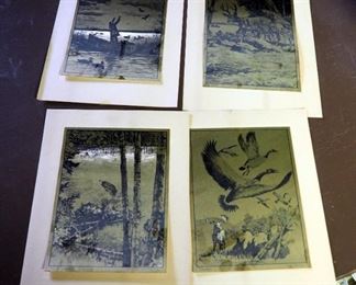 1970's R.H. Palenske Gold Foil Etch Prints, Qty 4, Including "Startled", "Daybreak", "Cautious", And "A Five Pounder" 7.75" x 5.75"