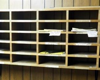 Solid Wood 4 Drawer Filing Cabinet, 52" x 15" x 27"; And Wood Mail Sorting Cabinet, 22.5" x 69" x 12"