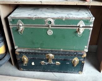 Antique Metal Travel Trunks, Qty 2, 15" x 32" x 16" And 12.5"