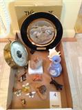 Lot 4
Wedgwood, Japanese Art Plate, Miniature Figurines

Includes Wedgwood vase 5 in high, barometer, dog is heavy metal,  4 figurines , 1 with wood base, 3 glass pieces. Japanese plate gold trim is 24 carat gold.