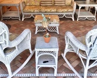 PRICE:  $400.00  for the set as listed here: Vintage White Wicker matching Set (#1, #2, #3, #4)
Rolled back and arms with woven lattice skirting and diamond pattern cutouts. GORGEOUS!!! 
1Sofa: 36”H  76”L  37”D, 3 zippered cushions 30”Deep 
2 Side Tables with glass tops: 28”x24”
1 Ottoman+Cushion (zippered) 27”x21”, 16”tall including cushion 
Item#84879