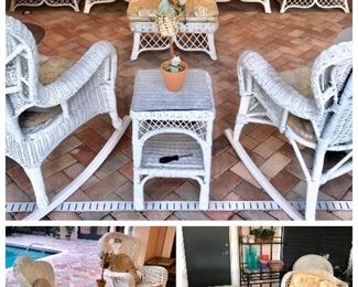 Vintage rolled back Wicker in White:
1 Sofa, 1 side chair, 2 rockers, 1 ottoman, 2 end tables, 1 side table 
EXCELLENT CONDITION  