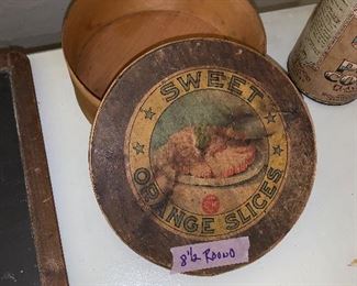 PLL # 431 VINTAGE SWEET ORANGE SLICES WOOD ROUND PANTRY BOX @ 25
