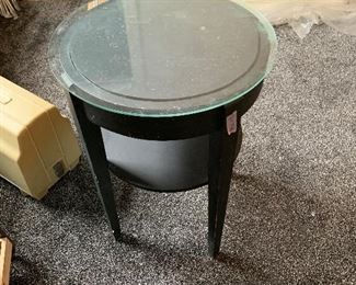 PLL# 647 - Black Circular Table with lower Shelf and glass top @ $10 - scratched with normal wear & tear