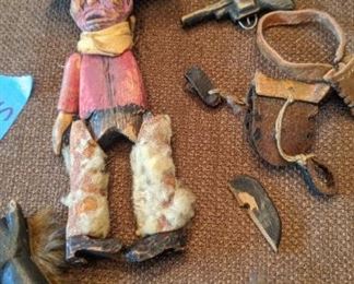 PLL #492 Antique Wood Carved Cowboy, Horse & Gun with belt & holster $30 as is