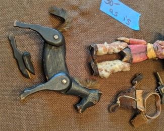 PLL #492 Antique Wood Carved Cowboy, Horse & Gun with belt & holster $30 as is