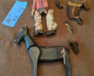 PLL #492 Antique Wood Carved Cowboy, Horse & Gun with belt & holster $30 as is