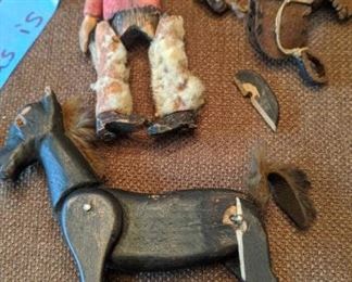 PLL #492 Antique Wood Carved Cowboy, Horse & Gun with belt & holster $30 as is