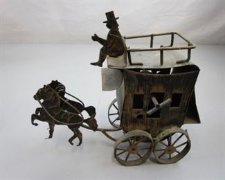 PLL # 725 - vintage tin stagecoach horse carriage wagon music box by george imports hong kong 1970's - figurine knick knack western coach buggy @ $15