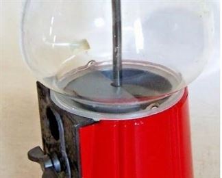 $30 Vintage Red Cherry Carousel Gum ball Machine with Metal w/glass Globe instructions and Box measures about 11 inches tall and the glass globe around 6 inches in diameter. The key is missing but it looks like it was never used. The top screws off easily without the need for key