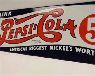 Vintage 5 Cent Pepsi-Cola Metal Sign
Material:Metal
Condition:No chips or cracks
Dimensions:18" x 6"