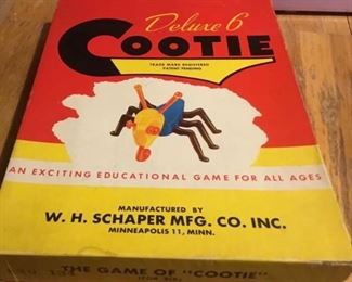 Vintage 1949 Deluxe 6 Cootie Game
Made by W.H. Schaper Mfg. Co. Inc. in 1949
Looks as though all parts are there and look good
