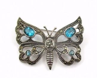 925 Aqua Marcasite Butterfly Brooch 17.4g