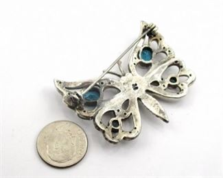 925 Aqua Marcasite Butterfly Brooch 17.4g