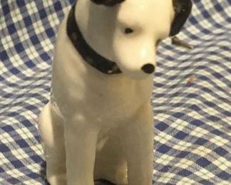 Original set of old wooden Troy ABC blocks that spell out DOG and has illustrations of animals. Also included is an antique RCA Nipper dog figurine and early 1900s photo real snapshot of a man and his dog.