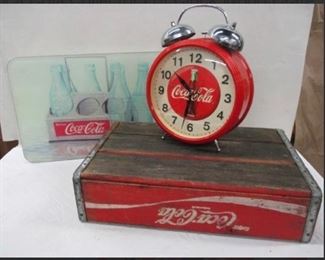 Coca Cola Collector Lot Clock Wood Crate and Cutting Board
