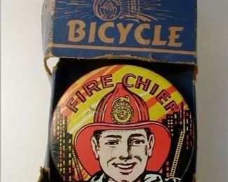 Vintage Tin Litho Fire Chief Bicycle Siren Toy Noise