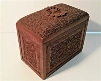Antique HAND CARVED WOOD BOX - Jewler/Artist Case - RARE Folding Folk Art Case
