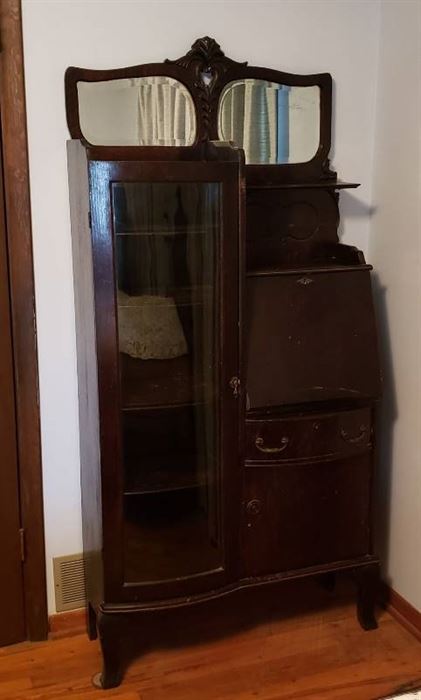 Antique Secretary with Curved Glass Door and Beveled Mirrors