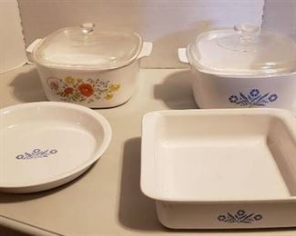 Lot of Corningware ~ 8 x 8 in. pan, 9 in. pie pan, and Two 3 Qt. Dishes w/lids