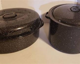 Lot of Black Speckled Enamel-coated Roaster and Canning Pot