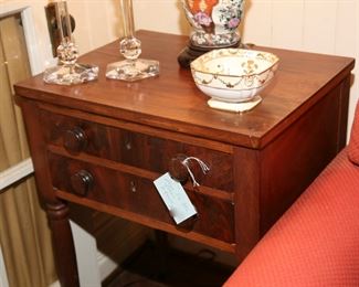 NICE 2 DRAWER, OLD SIDE TABLE WITH CASTERS
