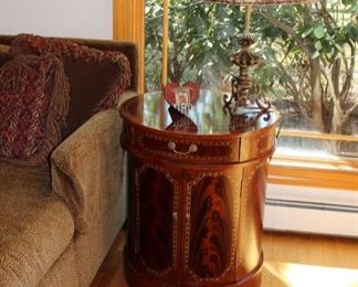 Round Drum table/cabinet with painted inlay some finish 	losses to base