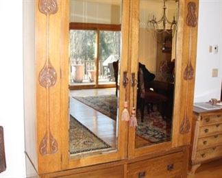 Art Nouveau mirrored oak armoire