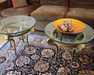 Pair glass top tables with gilt iron bases
