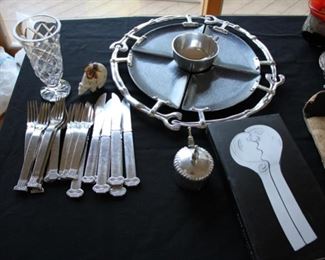 Carrol Boyes salad servers, figural chip/dip set

