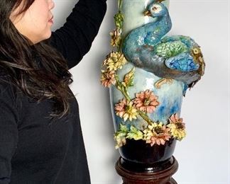 Monumental Antique Majolica Peacock Floor Vase