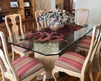$750 HENREDON glass top dining set with marble two piece base & beveled glass & & 6 chairs MEASURES: 44" x 74"
