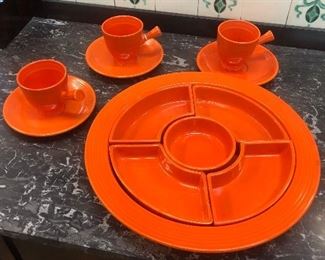 Orange Fiesta divided section plate 
Miniature cups and saucers 