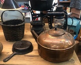 Copper tea Kettle , early basket , Wagner Dutch oven and stand 
