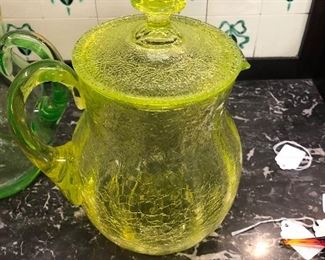 Vaseline glass pitcher w lid