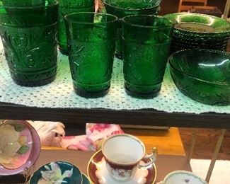 Green sandwich glass
Cups and saucers 
