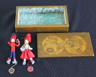 2 Vintage Beate Design Yarn Wrapped Boy & Girl Dolls With Tags Handmade in Denmark.  Marble/Wood Box